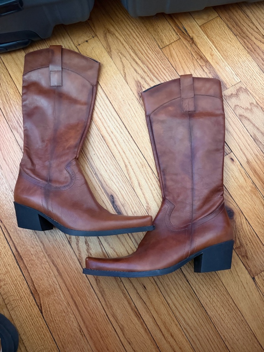Bisqui Leather Western boot Vintage brown knee-high pointy block chunky heel 39